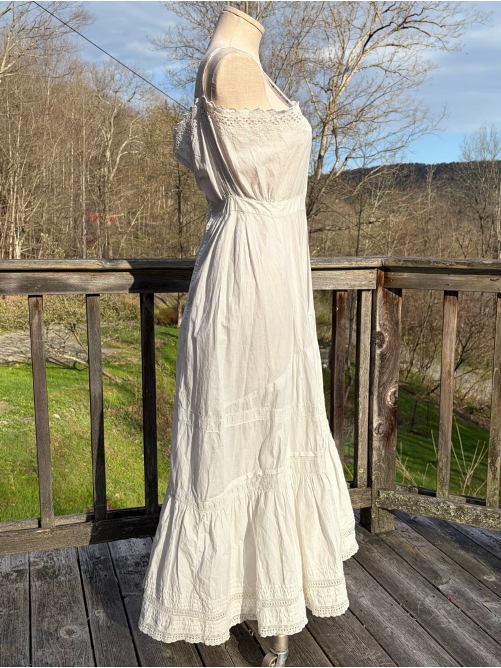 Antique Edwardian White Cotton Eyelet Tiered Prairie Midi Petticoat Dress Size 8 - Picture 3 of 16